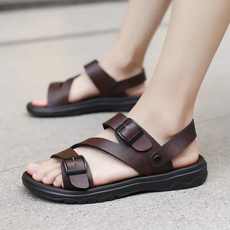 Sidon – Men's Black Roman-Style Leather Sandals | Non-Slip, Lightweight & Breathable