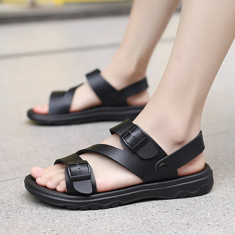 Sidon – Men's Black Roman-Style Leather Sandals | Non-Slip, Lightweight & Breathable