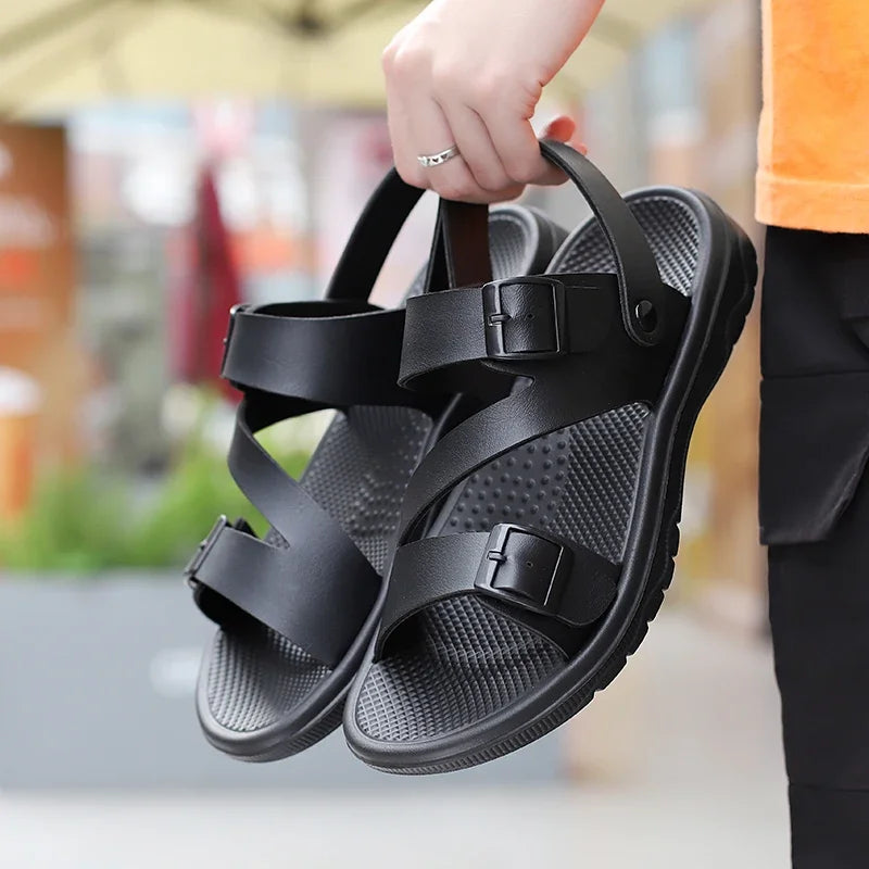 Sidon – Men's Black Roman-Style Leather Sandals | Non-Slip, Lightweight & Breathable